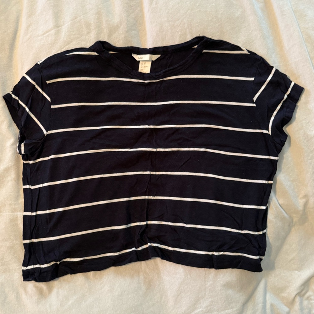 H&M Striped Navy Short-Sleeve Women's Boxy Crop Top, XS, like new